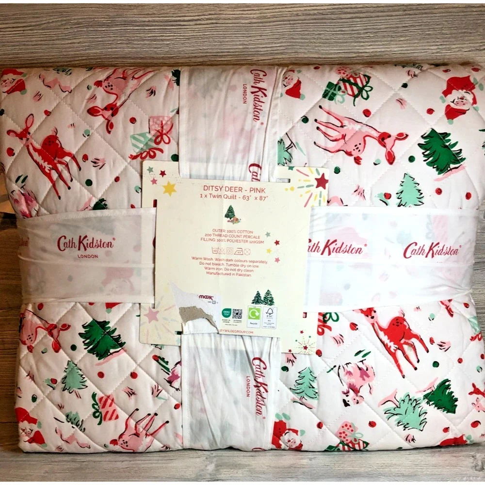 Cath Kidston London Ditsy Deer Pink Holiday Christmas Twin Quilt New